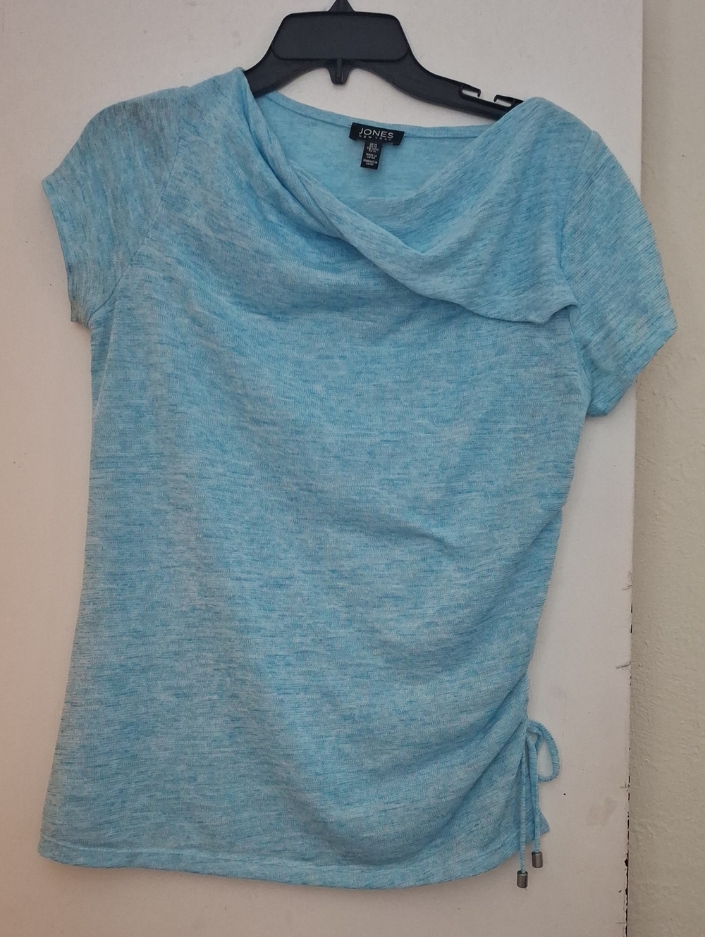 Jones New York Sky Blue Short-Sleeve Draped Neck Tee with Side Tie